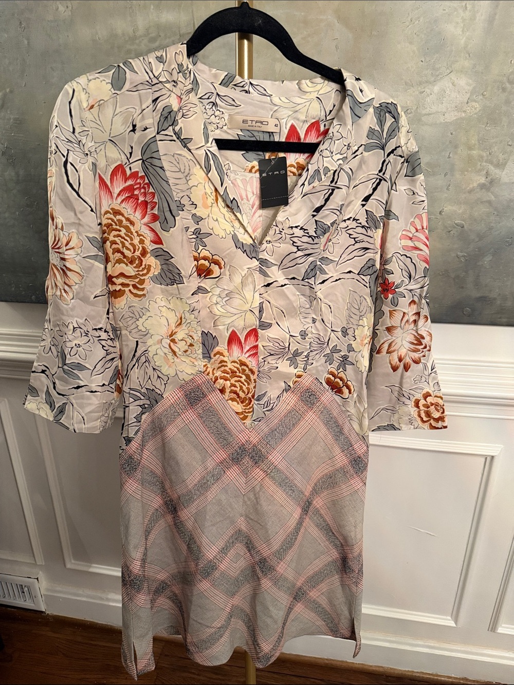 Etro Floral & Plaid Mixed-Print 3/4 Sleeve Dress - IT 42